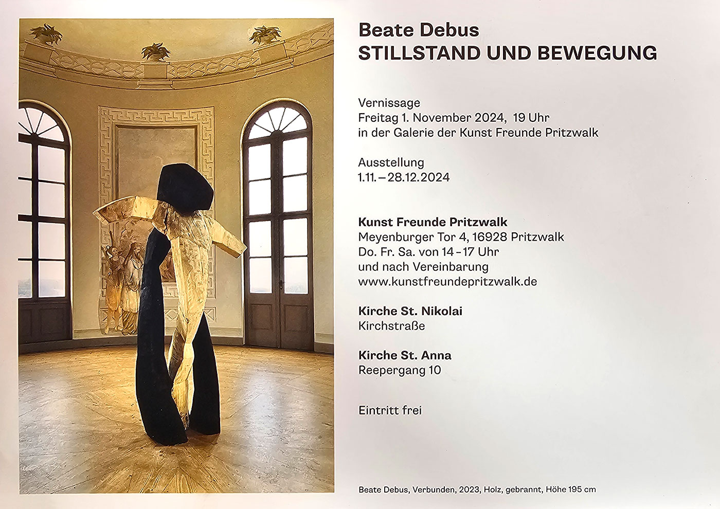 Einladung: Ausstellung Stillstand und Bewegung, Beate Debus: Galerie der Kunst Freunde Pritzwalk, 01.11.-28.12.2024